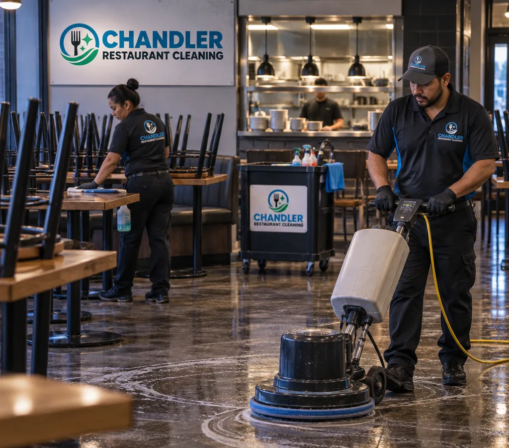 Night crew member sanitizing a restaurant dining area with the commercial kitchen pass-through visible