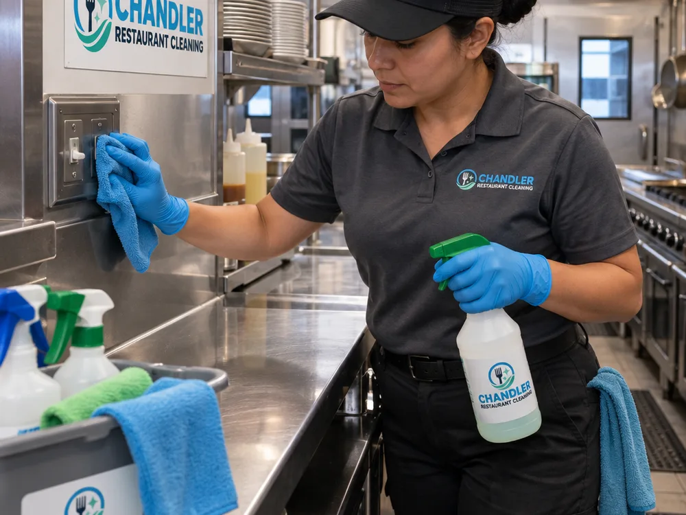 Cleaner sanitizing stainless prep surfaces and high-touch points near a commercial kitchen line