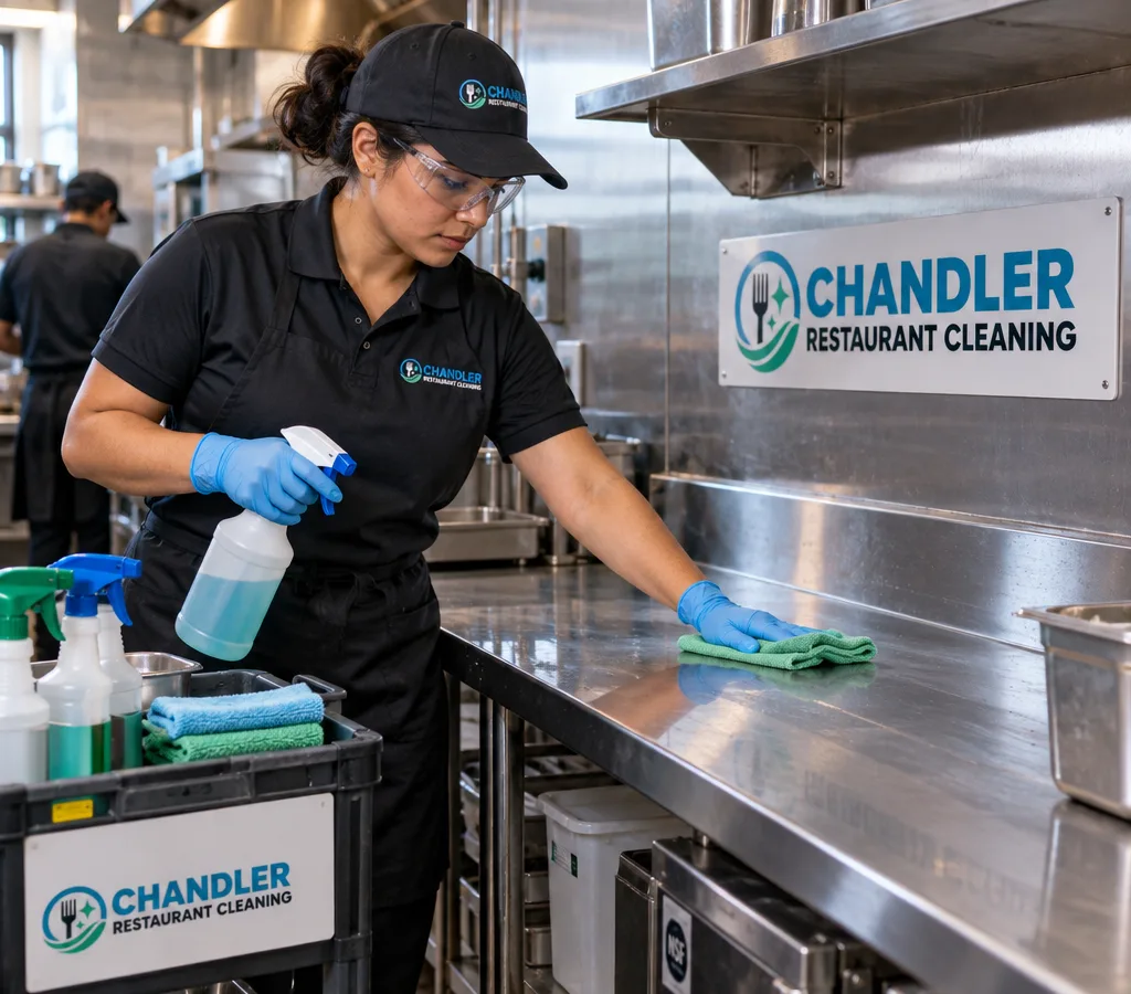 Professional cleaner in protective equipment detailing a stainless prep line and backsplash in a commercial kitchen