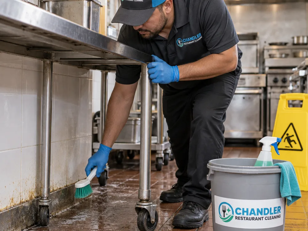 Technician moving a rolling prep table to clean grease beneath it and along the commercial kitchen wall-floor junction