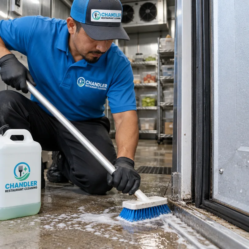 Technician detailing a restaurant walk-in cooler floor, threshold, gasket, and lower door frame
