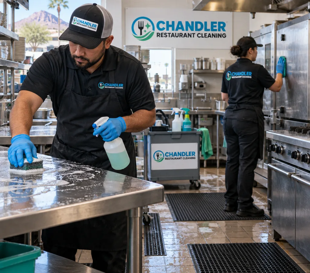 Commercial restaurant kitchen in Chandler during a deep clean with technicians degreasing stainless equipment