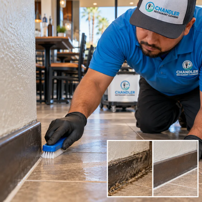 Freshly cleaned tile grout line and crisp baseboard edge in a restaurant dining room