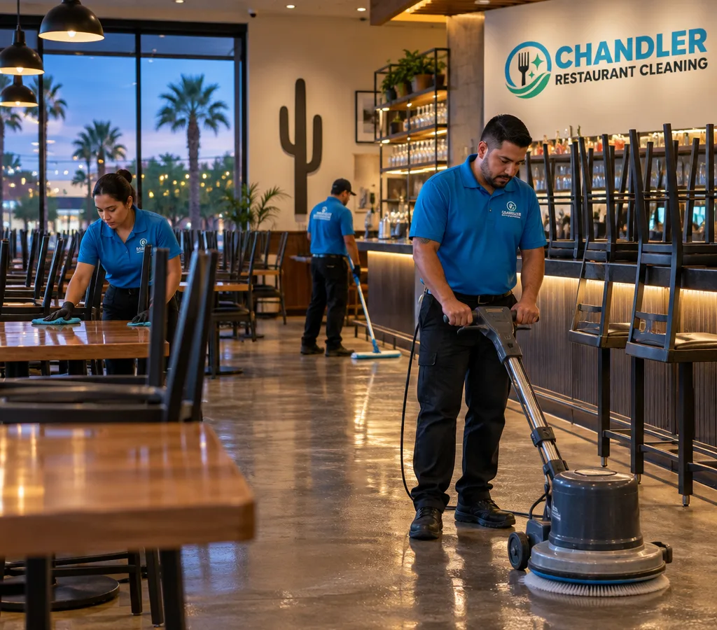 Uniformed cleaners finishing an after-hours front-of-house reset in a Chandler restaurant dining room