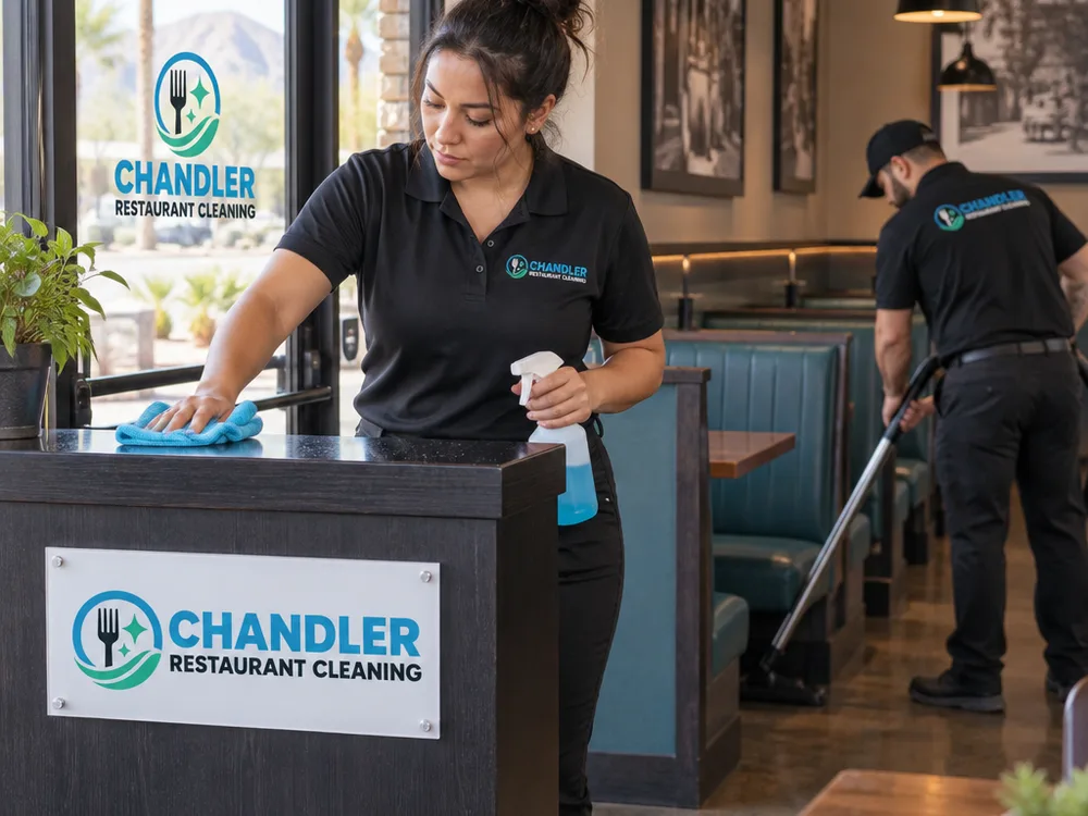 Cleaner detailing a restaurant host stand and entry glass while another cleans beneath booth seating