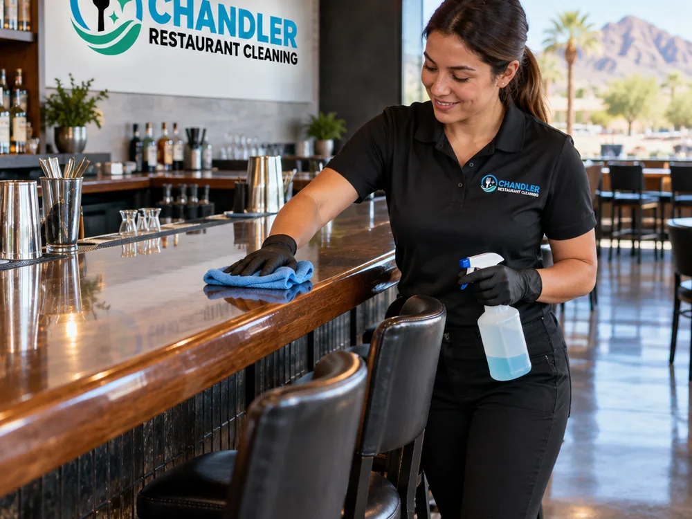 Streak-free restaurant bar top with clean rails, arranged stools, and spot-free floors