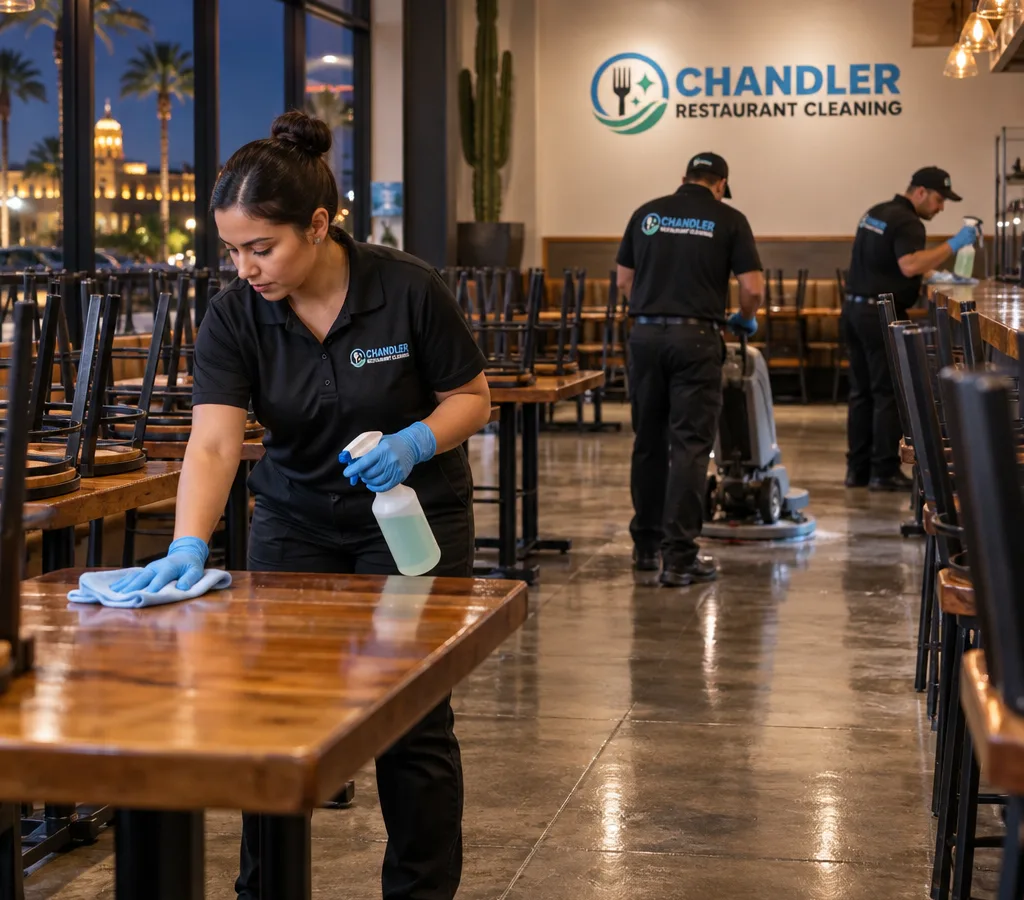 Night cleaning crew wiping tables, sanitizing touchpoints, and detailing floors in a closed Chandler restaurant