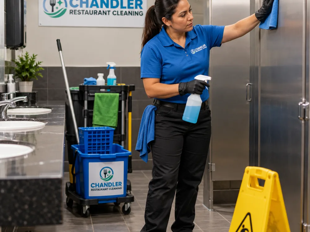 Cleaner disinfecting fixtures, wiping partitions, and mopping a commercial restaurant restroom