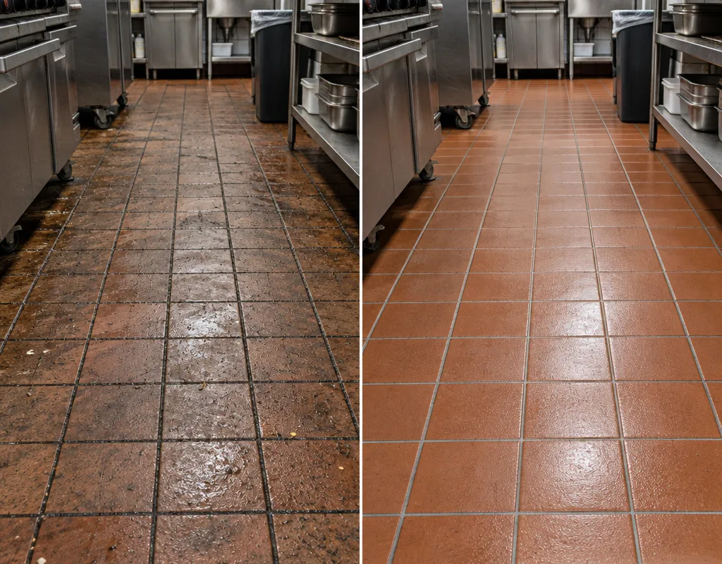 Restaurant kitchen tile floor before and after deep degreasing, with visibly cleaner grout lines and a more uniform tile tone