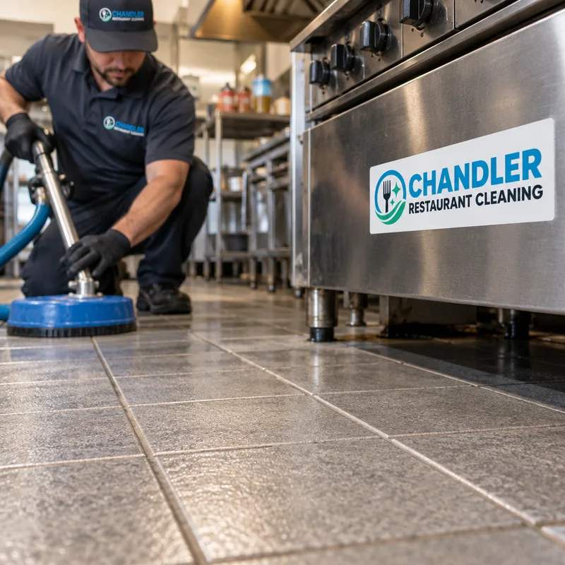 Cleaned grout joints and textured tile near a cook line with reduced greasy sheen and clearer grout definition