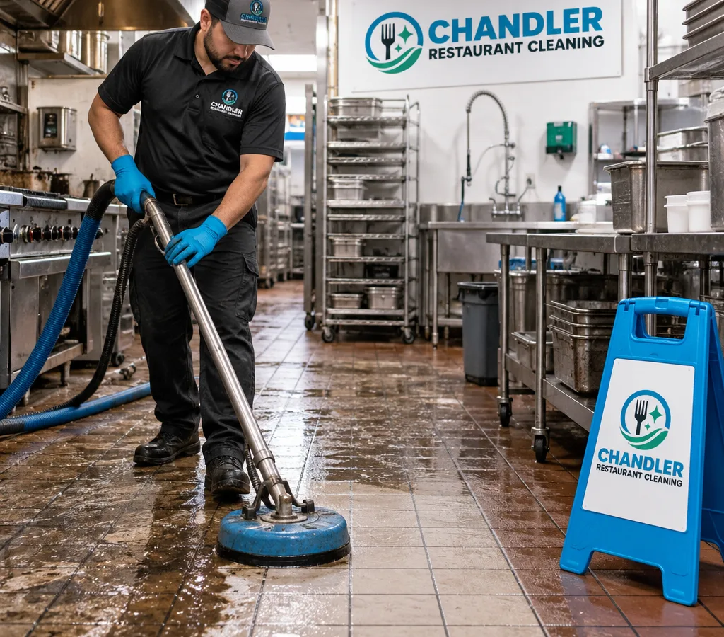 Technician pressure-washing and extracting a greasy commercial kitchen tile floor in a Chandler restaurant back-of-house, with wet floor signage and a visible cleaned path