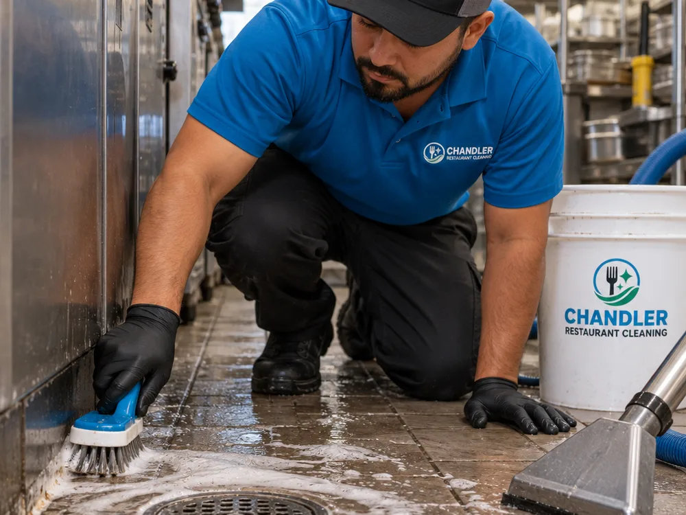 Degreaser dwell time and brush agitation along a commercial kitchen baseboard and floor drain before extraction