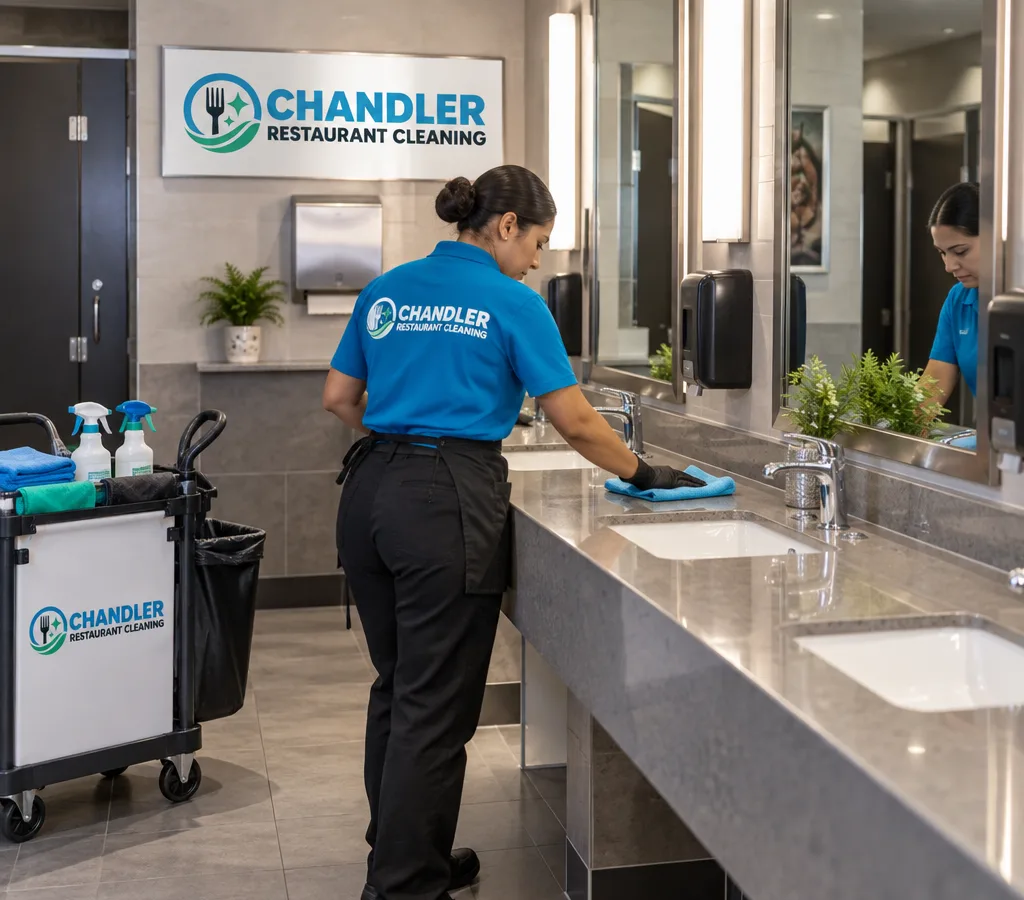 Professionally cleaned commercial restaurant restroom with spotless sinks, polished mirrors, stocked dispensers, and clean dry floors