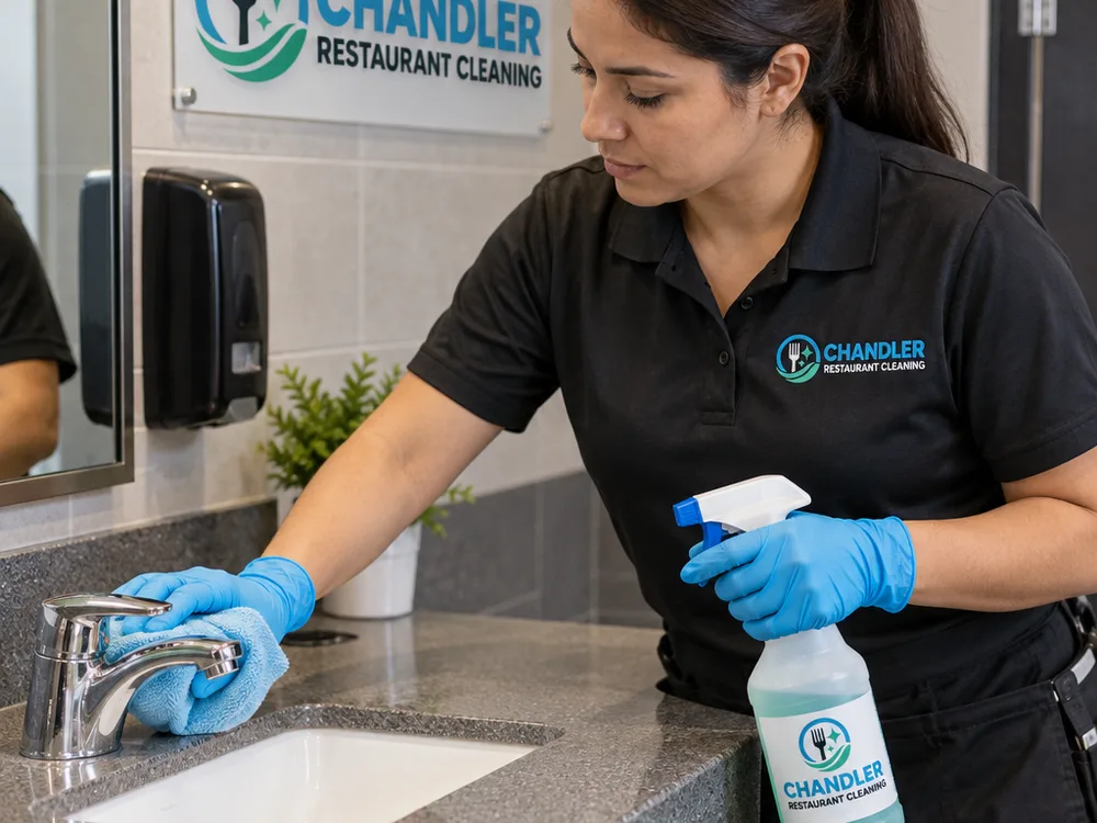 Gloved cleaner disinfecting a commercial restaurant restroom sink faucet and countertop with supplies staged neatly