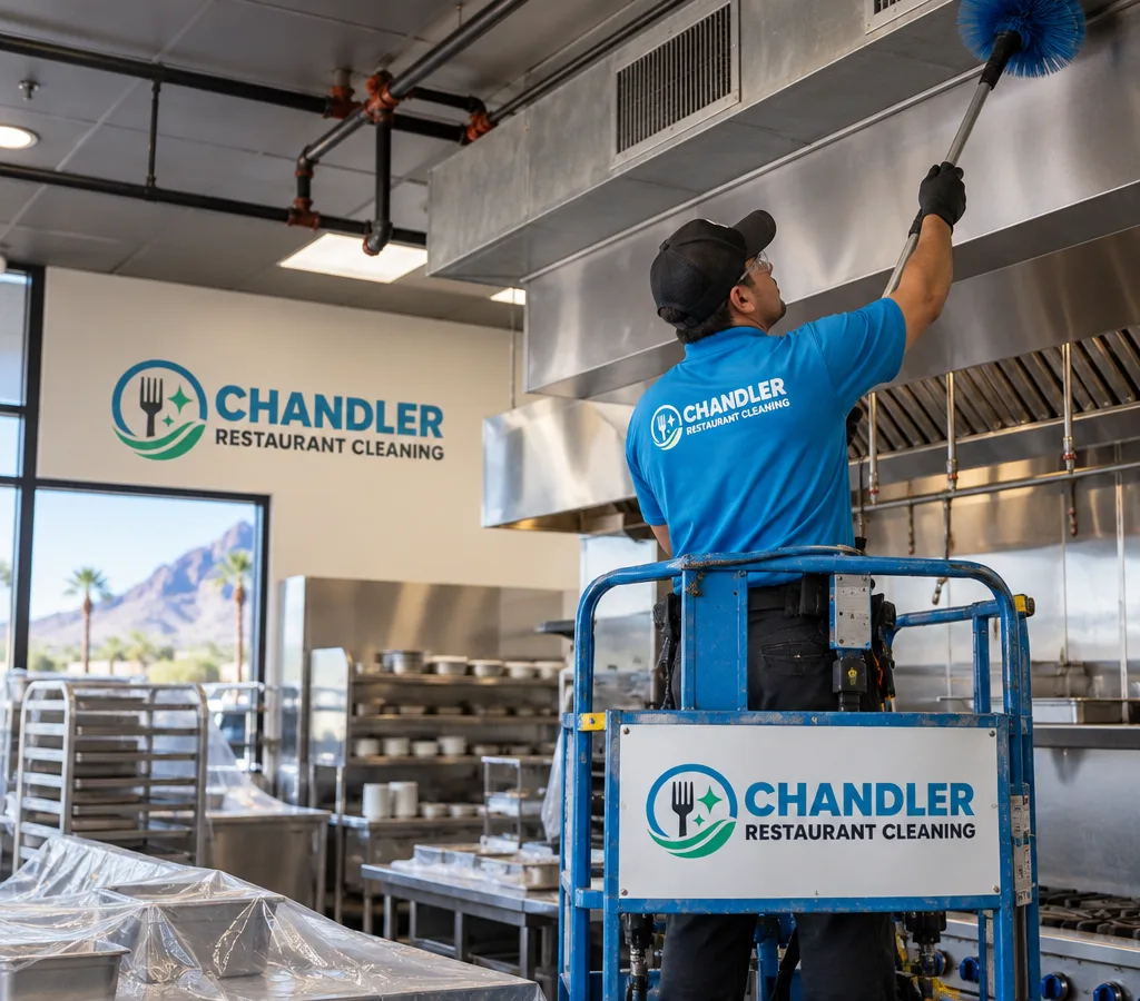 Technician on a lift high-dusting a restaurant kitchen ceiling near vents and overhead piping while food-prep surfaces are protected