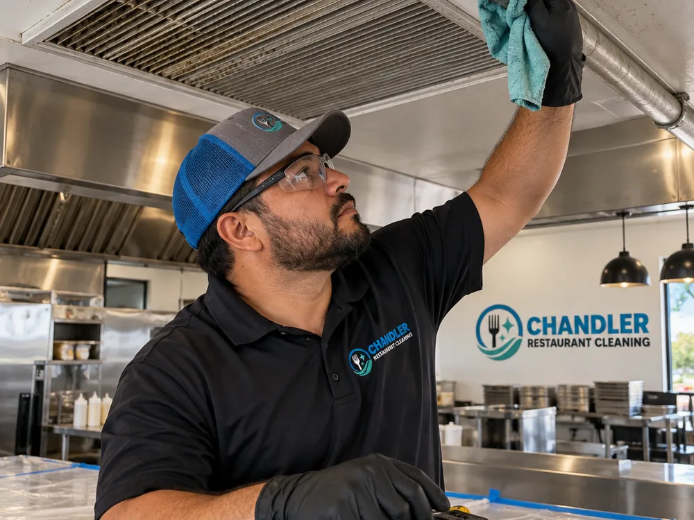 Technician wiping an overhead HVAC return grille and nearby conduit while prep tables below are covered and taped off