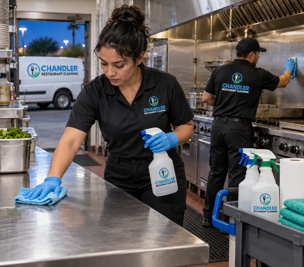 After-hours restaurant cleaning crew sanitizing stainless prep tables and a commercial cook line with labeled food-safe supplies