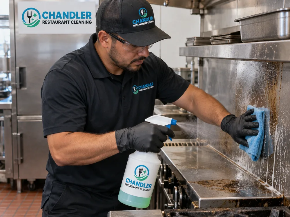 Gloved technician removing grease from stainless cook line exteriors and an adjacent wall splash zone with labeled degreaser