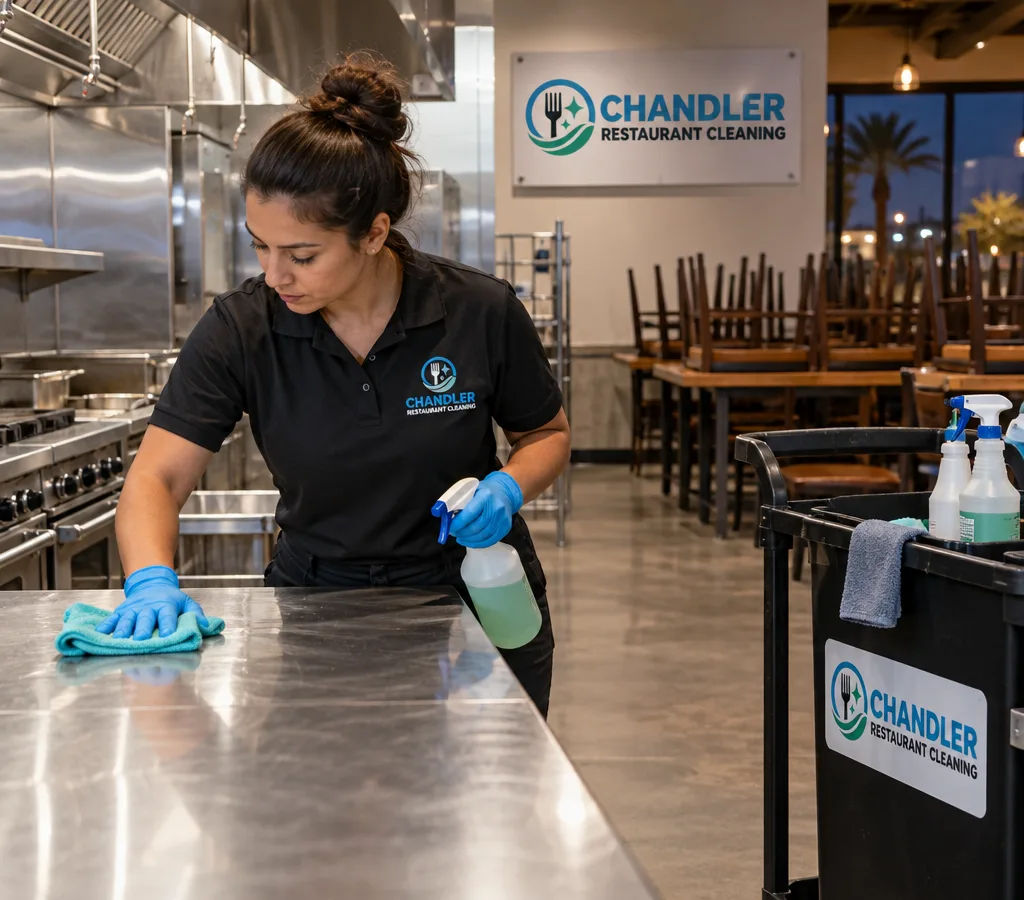 Cleaner wiping stainless prep tables and equipment after hours in a commercial restaurant kitchen