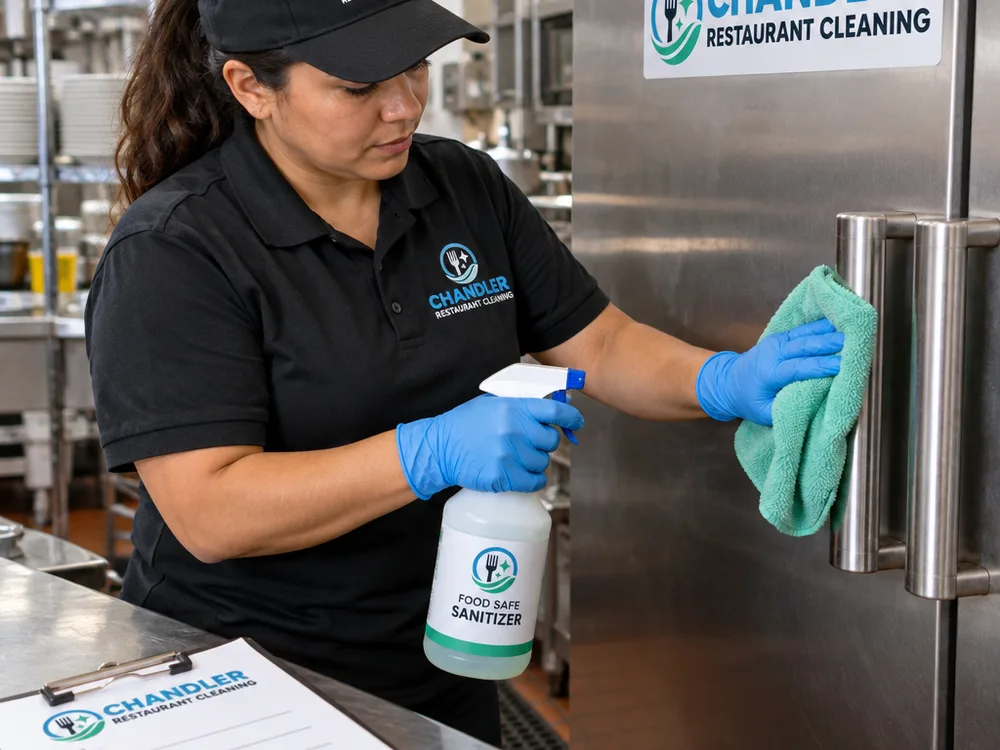 Gloved cleaner using food-safe sanitizer on stainless equipment with a checklist nearby