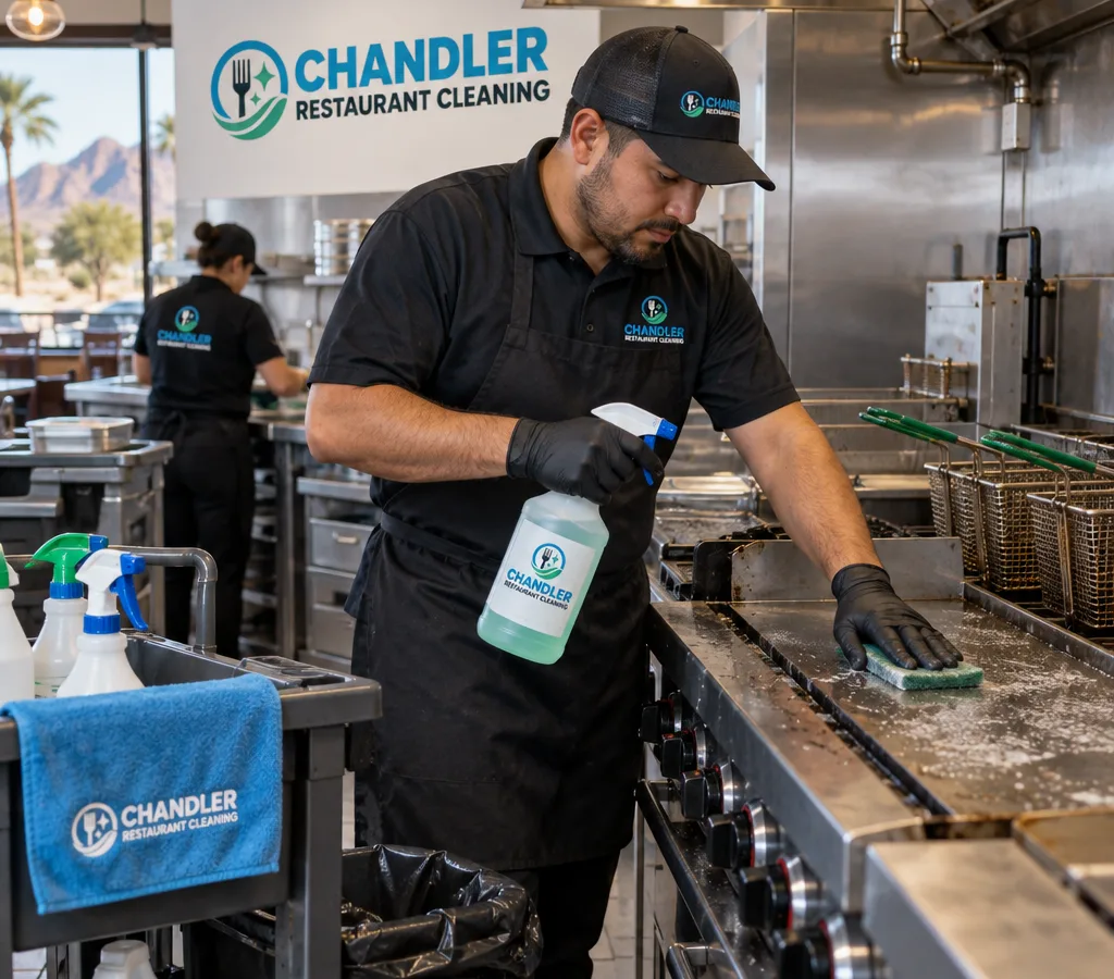 Technician cleaning a commercial kitchen line in a Scottsdale restaurant, wiping stainless surfaces and degreasing around fryers and ranges with clearly labeled supplies