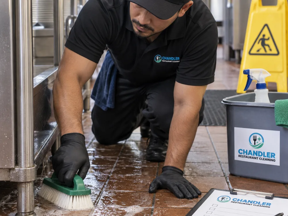 Technician hand-scrubbing a commercial kitchen floor at the base of a stainless prep table with a wet floor sign and cleaning checklist visible