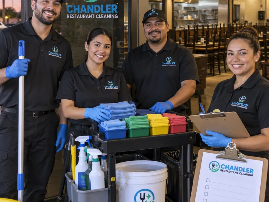 Restaurant cleaning team staging labeled supplies and checklists before an after-hours service