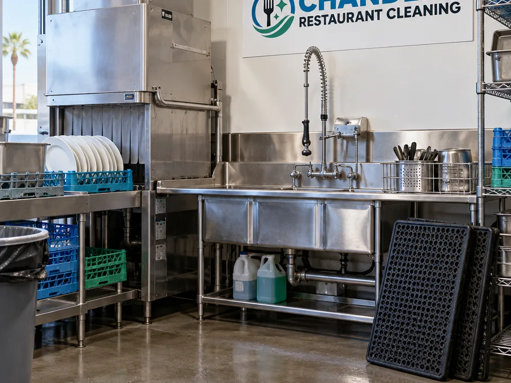 Clean restaurant dining floor with chairs reset and debris removed from visible baseboards and corners